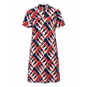 Vintage Handmade Mod Shift Dress Geometric Red Blue Polyester Retro Women’s